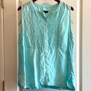 Linen sleeveless button down top XL turquoise